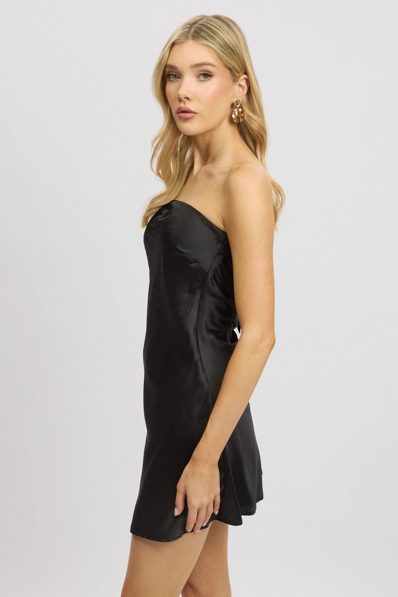 Black Strapless Dress Back Tie Satin Mini