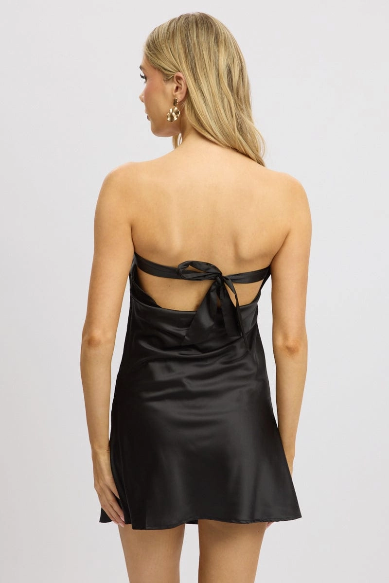 Black Strapless Dress Back Tie Satin Mini