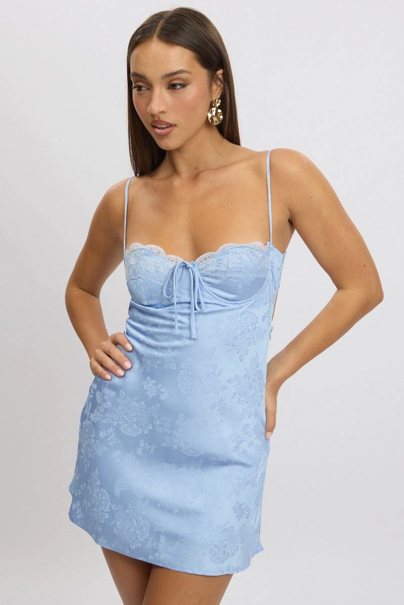 Blue Mini Dress Tie Back Jacquard Fabric