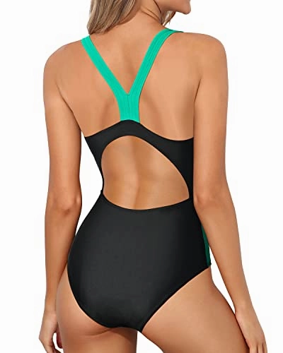 Breathable Splicing Athletic One Piece Swimsuits-Black Green