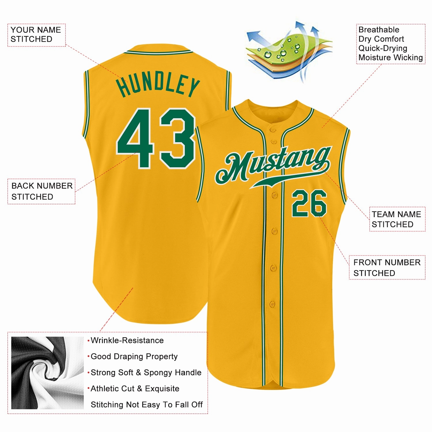 Custom Gold Kelly Green-White Authentic Sleeveless Baseball Jersey