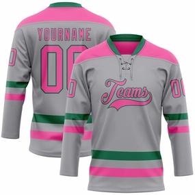 Custom Gray Pink-Kelly Green Hockey Lace Neck Jersey