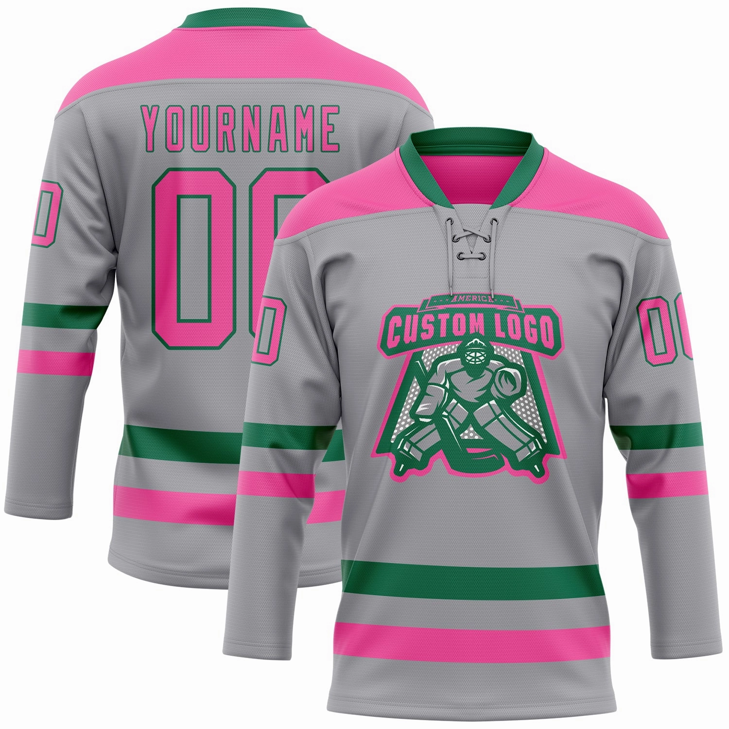 Custom Gray Pink-Kelly Green Hockey Lace Neck Jersey