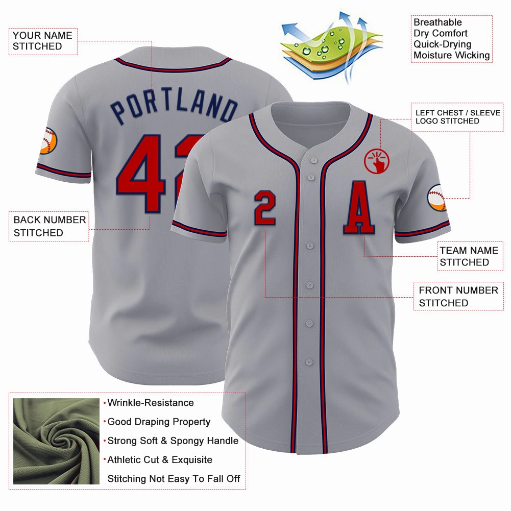 Custom Gray Red-Navy Authentic Baseball Jersey
