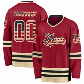 Custom Maroon Vintage USA Flag Cream-Black Hockey Jersey