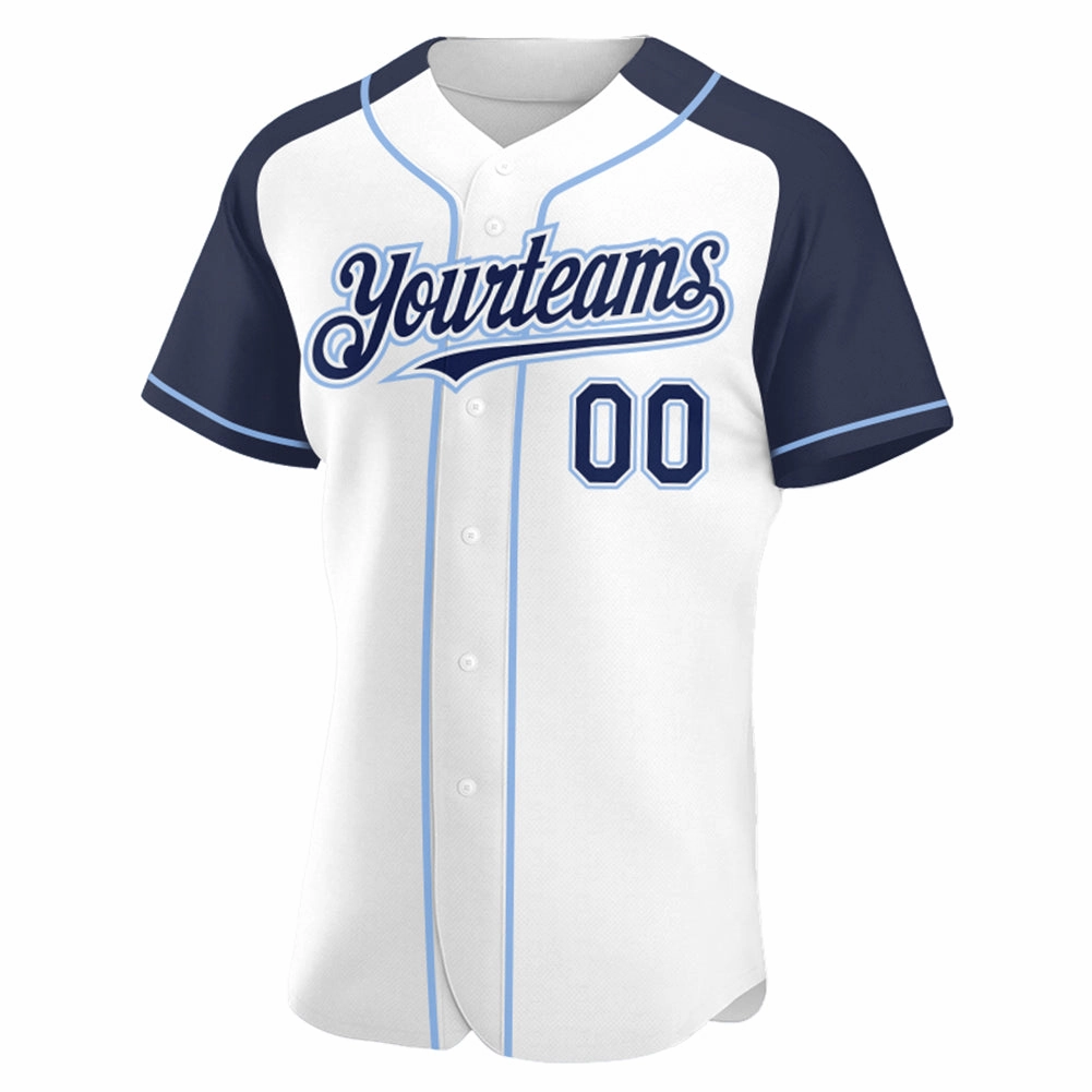 Custom White Navy-Light Blue Authentic Raglan Sleeves Baseball Jersey