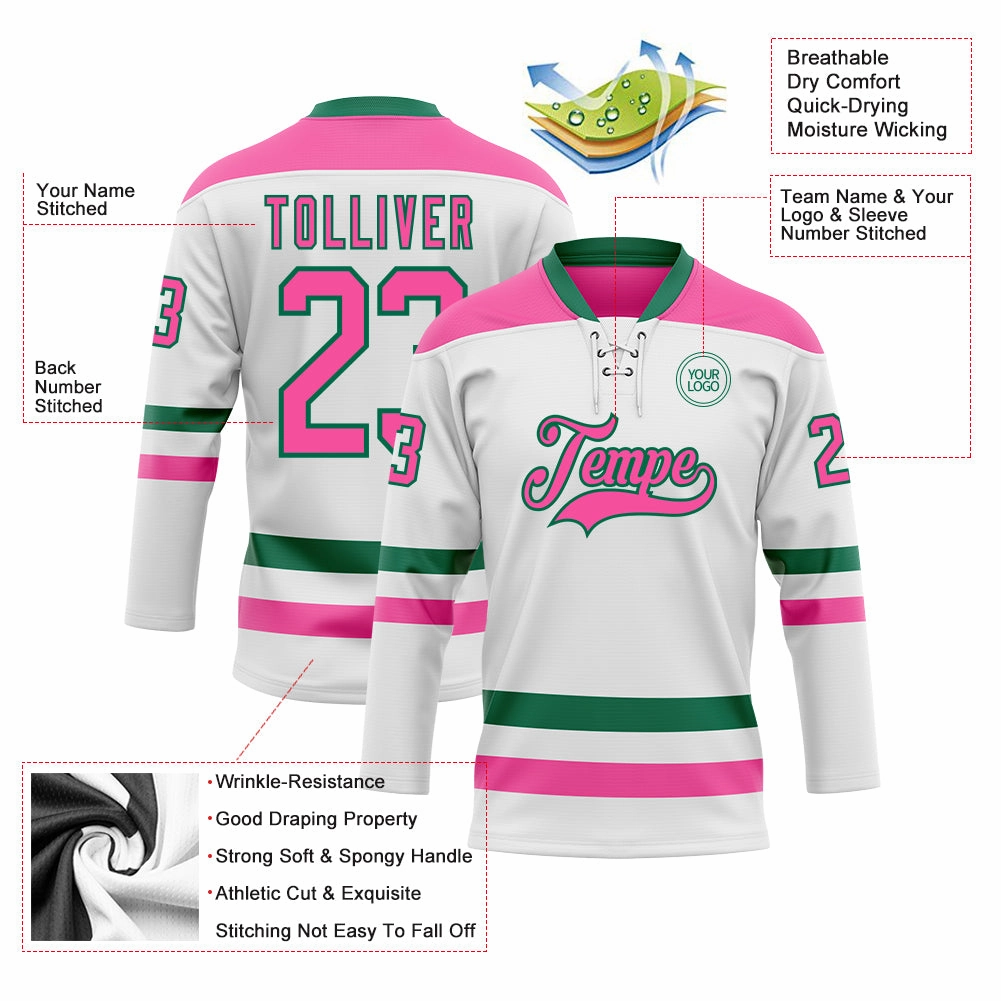Custom White Pink-Kelly Green Hockey Lace Neck Jersey