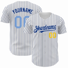 Custom White Royal Pinstripe Light Blue-Yellow Authentic Baseball Jersey