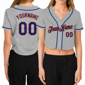 Custom Women's Gray Royal-Orange V-Neck Cropped Baseball Jersey