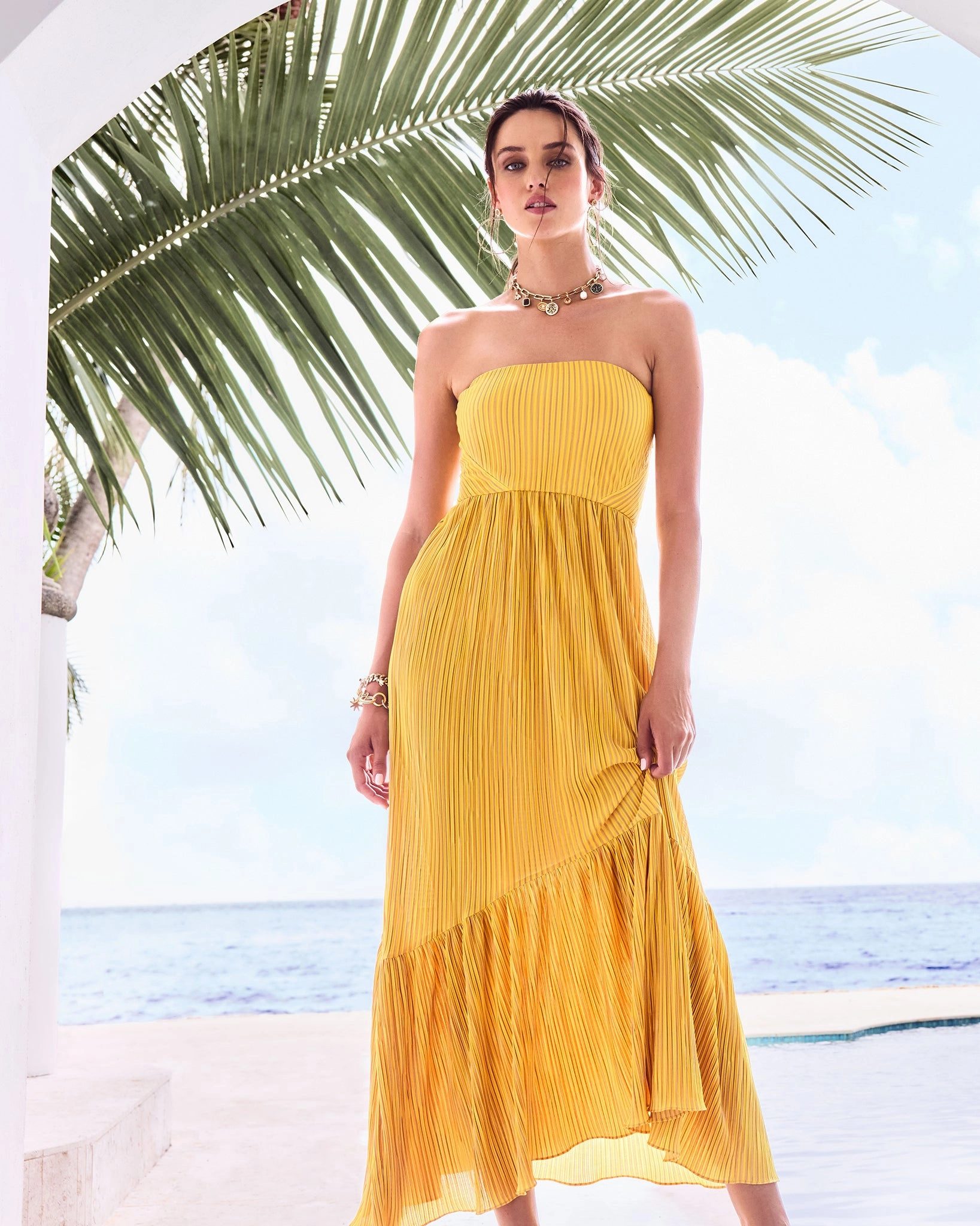 Devyani Pleated Knit Strapless Maxi Dress