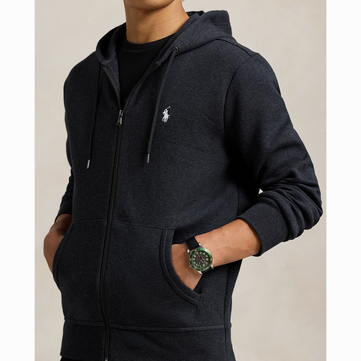 Polo Ralph Lauren LONG-SLEEVE DOUBLE KNIT TECH FULL-ZIP HOODED SWEATSHIRT- BLACK MARL HEATHER