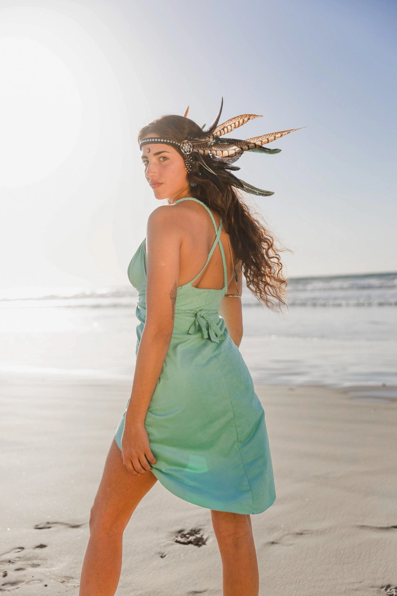 Wholesale - Suede Light Turquoise Braided Dress, Boho Dress, Cross Back Dress