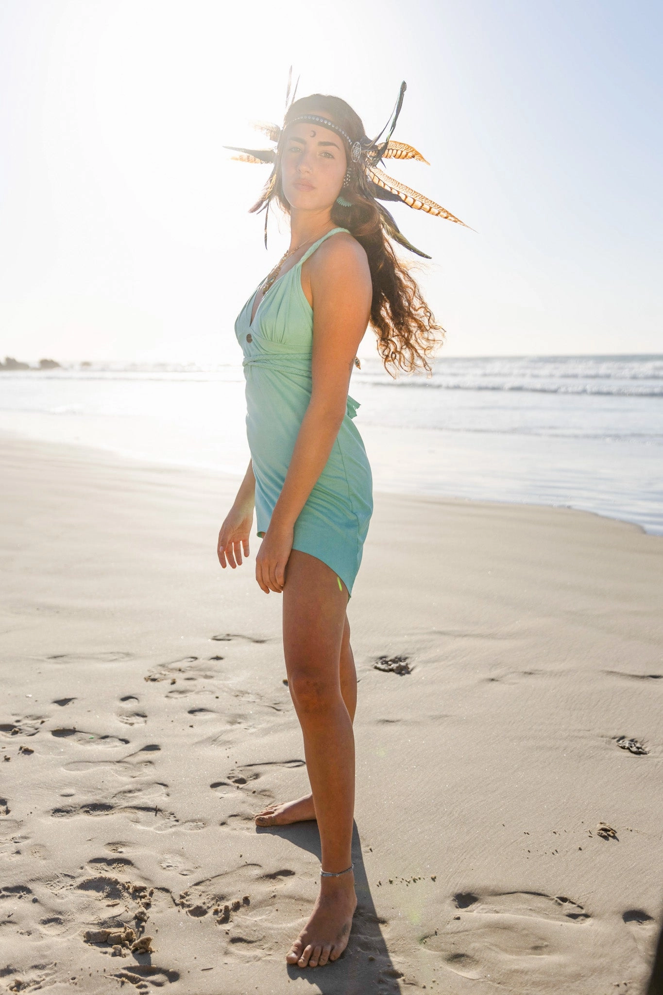 Wholesale - Suede Light Turquoise Braided Dress, Boho Dress, Cross Back Dress