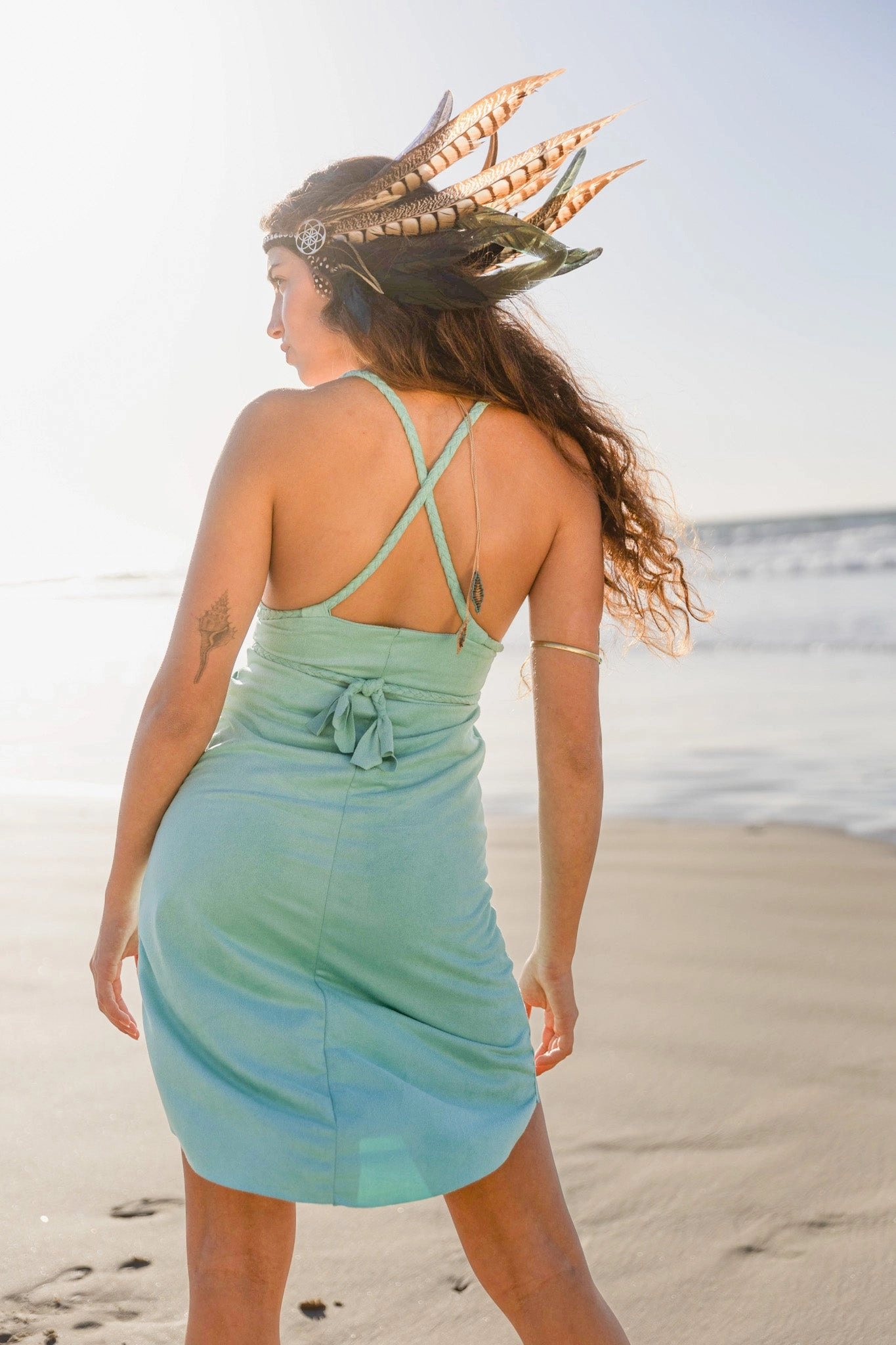 Wholesale - Suede Light Turquoise Braided Dress, Boho Dress, Cross Back Dress