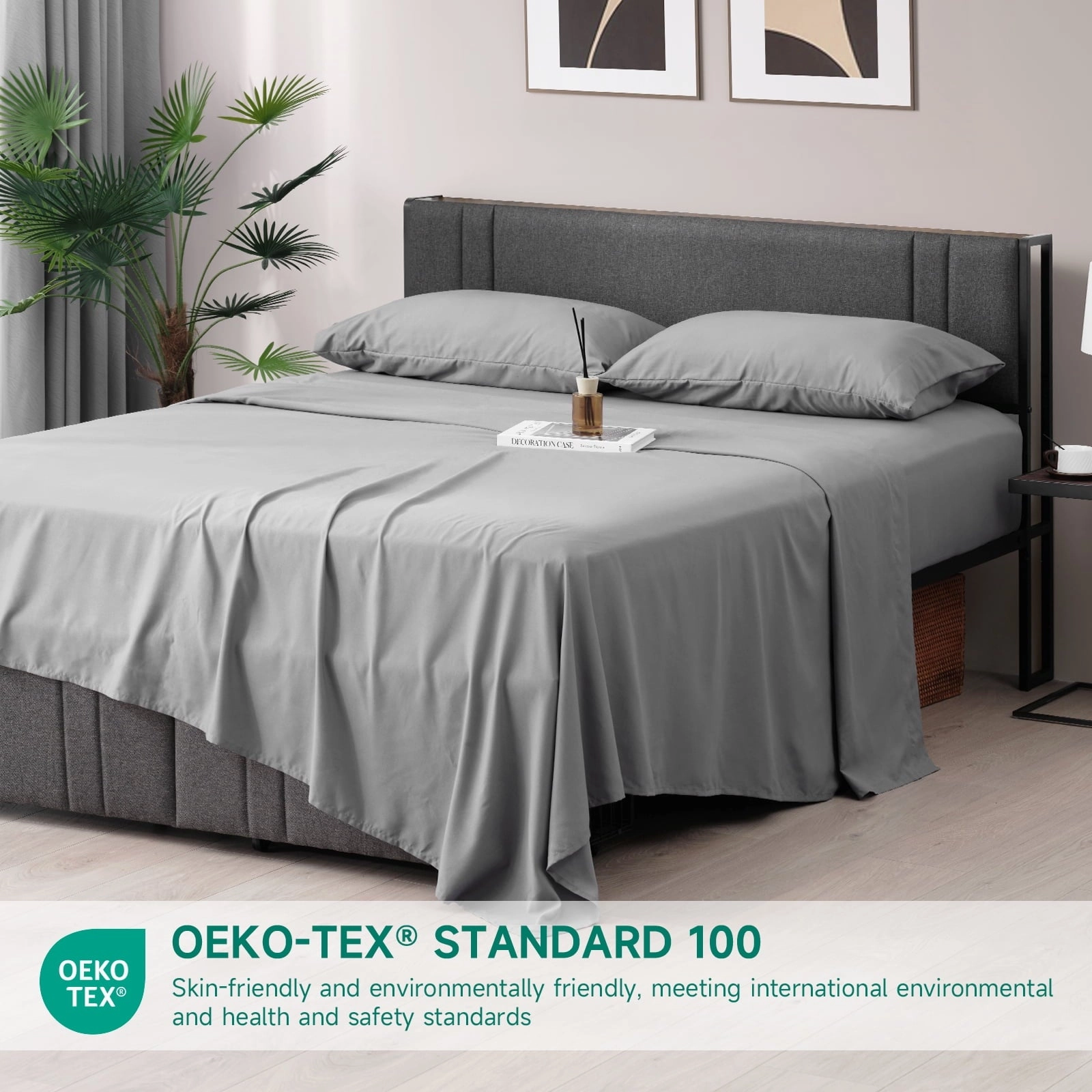 Z-hom Q045H152G 4 Piece Cooling Sheets 14" Deep Pocket & Pillowcase Sets, Light Gray, Queen